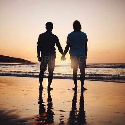 Buy stock photo Silhouette, holding hands and gay couple on beach, sunset and shadow on summer vacation together in Thailand. Sunshine, ocean and romance, lgbt men in nature and fun holiday with pride, sea and waves