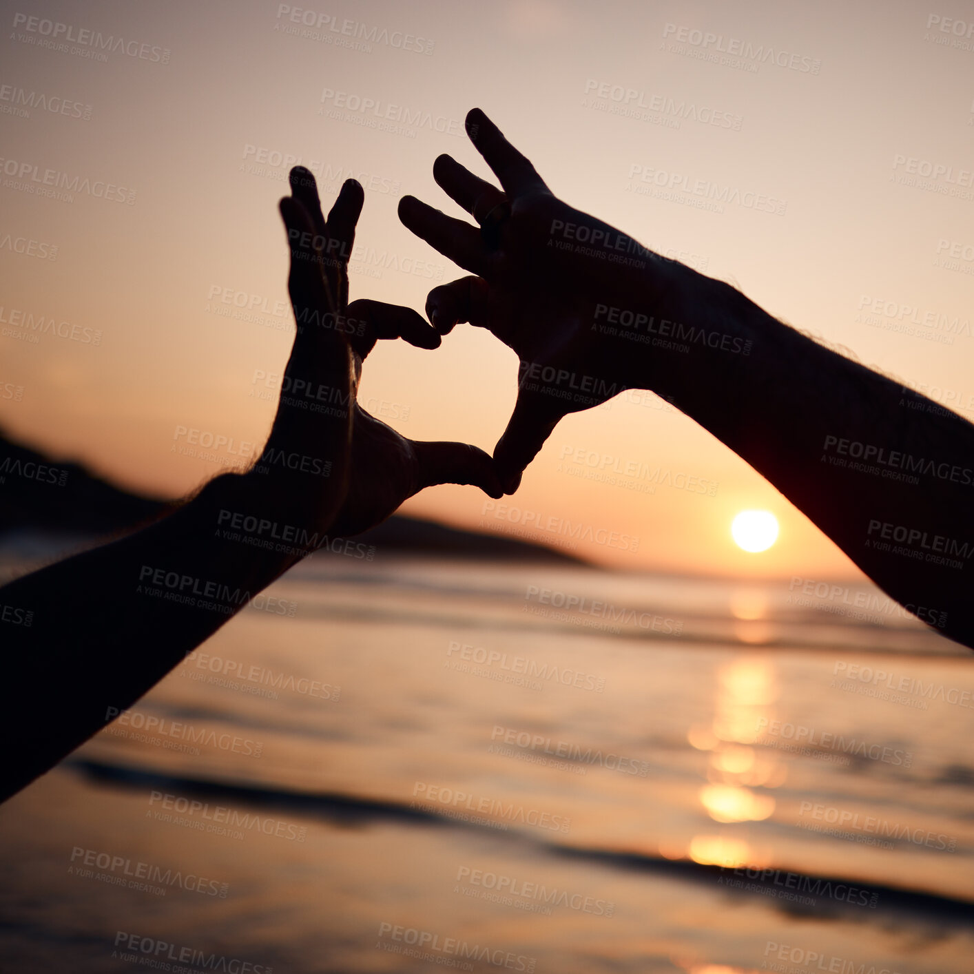 Buy stock photo Beach sunset, nature silhouette and person with heart hands sign for love, freedom and ocean vacation. Adventure, emoji health icon and couple support with natural wellness, tropical care or shape