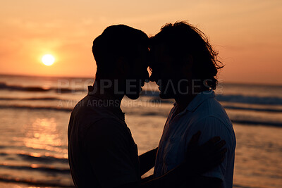 Buy stock photo Silhouette, kiss and gay couple on beach, sunset and love on summer island vacation together in Thailand. Sunshine, ocean and romance, lgbt men in nature and fun holiday with pride, sea and waves.