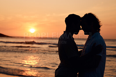 Buy stock photo Silhouette, sunset and gay men at ocean, love and mockup on summer vacation together in Thailand. Sunshine, beach and romance, lgbt couple in nature space and island holiday with pride, sea and waves