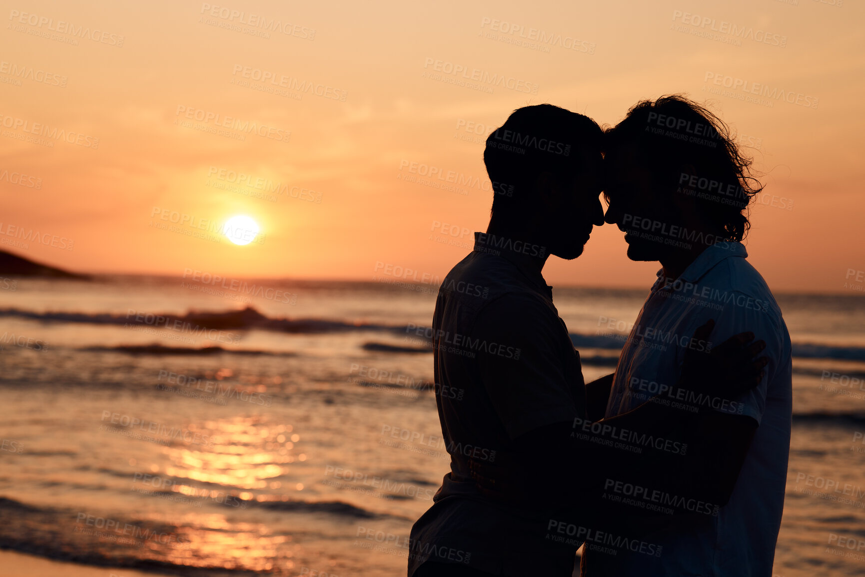 Buy stock photo Silhouette, sunset and gay men at ocean, love and mockup on summer vacation together in Thailand. Sunshine, beach and romance, lgbt couple in nature space and island holiday with pride, sea and waves