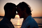 Beach, sunset and gay couple in silhouette, embrace and love on summer island vacation together in Thailand. Sun, ocean and romance, lgbt men in nature and relax on holiday with pride, sea and light.