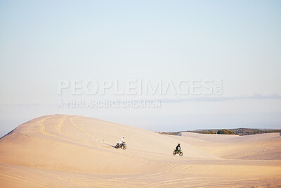 Buy stock photo Desert, sports people and motorbike race, rally or off road marathon travel, journey and driving on competition adventure. Motorcycle speed, extreme challenge or fast racer training on sand dunes