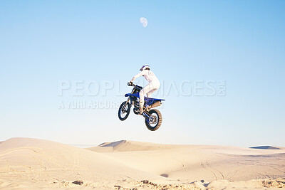 Buy stock photo Sports, cycling and man on motorbike on sand for adrenaline, adventure and freedom in desert. Competition, extreme action and male person on bike on dunes for training, exercise and race or challenge