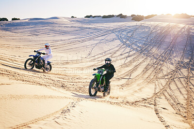 Buy stock photo Motorcycle, desert dune and race for speed, competition or outdoor hill for performance, goal or off road. Motorbike athlete, trail or ramp in nature, sand or together for training in summer sunshine