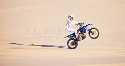 Buy stock photo Bike, sand and mockup with a man in the desert for adrenaline, adventure or training in nature. Moto, sports and balance with a male athlete riding a motorcycle for freedom or fitness on space
