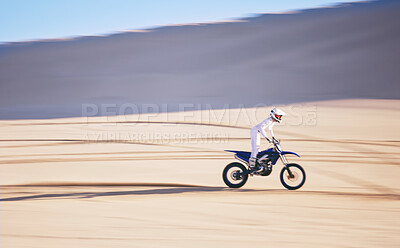 Buy stock photo Bike, training and space with a man in the desert for fitness or an adrenaline hobby for freedom. Motorcycle, sports and summer with a male athlete riding a vehicle in Dubai for energy or balance