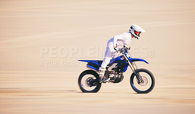 Buy stock photo Race, motorbike and person in desert, action and extreme sport with speed, riding outdoor and mockup space. Adventure, fitness and training, motorcycle exercise and freedom, challenge and performance