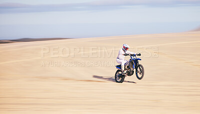 Buy stock photo Race, motorcycle and person in desert, action and extreme sport with speed, riding outdoor and mockup space. Adventure, fitness and training, motorbike exercise and freedom, challenge and performance
