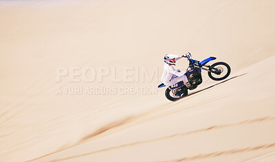 Buy stock photo Bike, sports and mockup with a man in the desert for fitness or adrenaline hobby for freedom. Motorcycle, training and summer with an athlete riding a vehicle in Dubai for energy from above on space