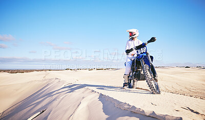 Buy stock photo Desert sky, motorcycle or extreme sports person looking at outdoor view, Dubai nature or off road sand dunes. Mockup, freedom or athlete driver, racer or expert rider ready for bike cycling challenge