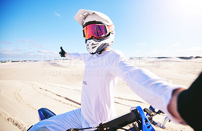 Buy stock photo Selfie, motorcycle and man in desert adventure, nature and sports outdoor on mockup space. Bike, helmet and person take picture at sand for social media, transportation and off road travel in Morocco