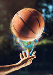 Person, hands and basketball in nature for sports game, match or art on the outdoor court. Man or player with ball and color ready for fitness, playing or athletic practice in championship tournament