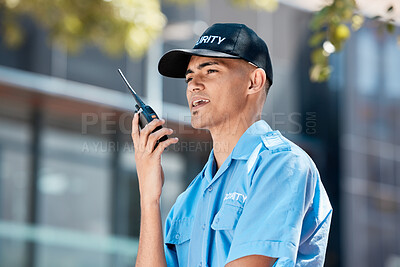 Buy stock photo Walkie talkie, security guard and man in city in communication, discussion and conversation. Safety, protection and officer on radio to chat on tech in police law enforcement service in urban outdoor