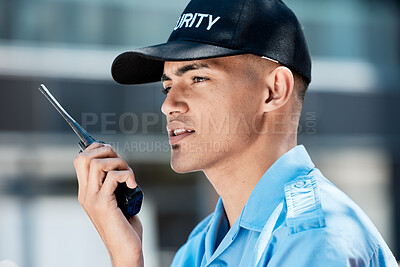 Buy stock photo Walkie talkie, security guard and man in city in discussion, thinking or communication. Safety, protection or officer on radio to chat on technology in police law enforcement service in urban outdoor