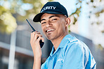 Walkie talkie, man and security guard in portrait in city, conversation or communication. Safety, face and happy officer on radio to chat on technology in police surveillance service in urban outdoor