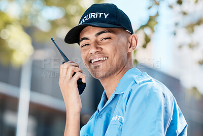 Buy stock photo Walkie talkie, man and security guard in portrait in city, conversation or communication. Safety, face and happy officer on radio to chat on technology in police surveillance service in urban outdoor