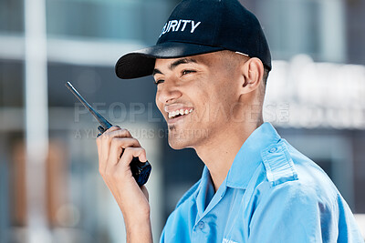 Buy stock photo Walkie talkie, man and security guard happy in city in discussion, thinking and communication. Safety, protection and officer on radio to chat on tech in police surveillance service in urban outdoor