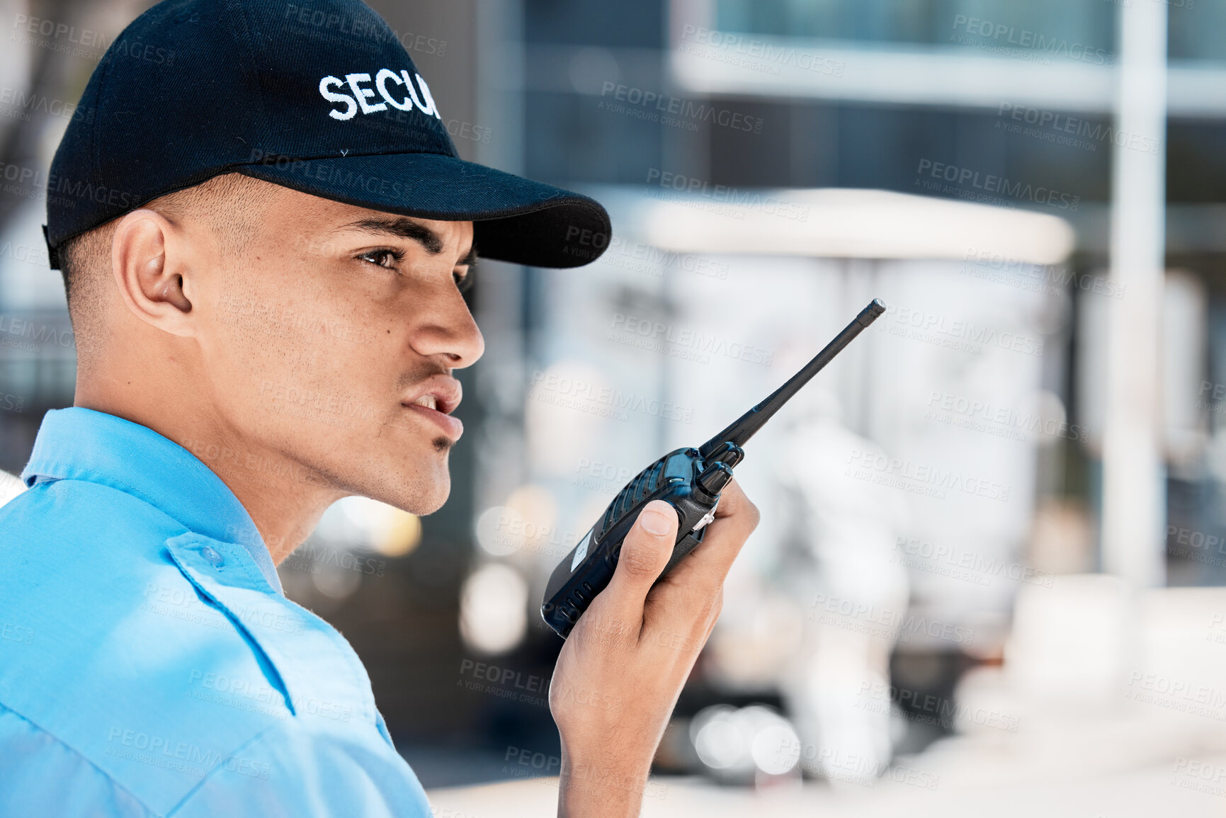Buy stock photo Security guard, walkie talkie and man in city in communication, surveillance and thinking. Safety, protection and serious officer on radio to chat on tech in police service, investigation and report