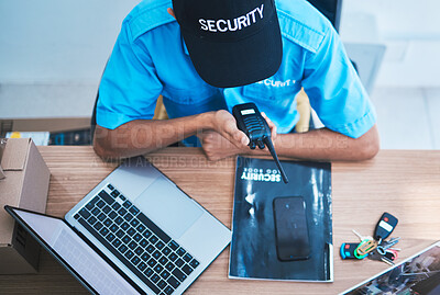 Buy stock photo Security man, radio and talk in office with top view for safety, surveillance and communication at job. Guard, walkie talkie and contact for information, protection service and laptop in control room