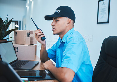 Buy stock photo Walkie talkie, security guard and man at table in surveillance, communication in an office. Safety, protection and serious officer on radio at desk to chat on tech in police investigation service.
