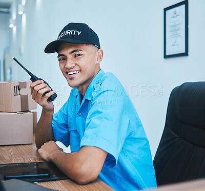 Buy stock photo Walkie talkie, security guard and man in portrait in office in conversation and communication. Safety, face and happy officer on radio at table to chat on technology in police surveillance service