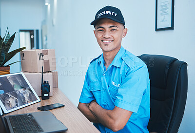 Buy stock photo Security guard man, portrait and smile to monitor with laptop, tablet and arms crossed in control room. Young safety officer, surveillance expert and happy for job, protection service and computer