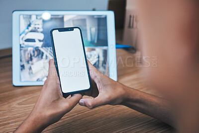 Buy stock photo Security guard, back and control room with phone screen, monitor and hands by mockup space for surveillance. Safety agent, protection service person and smartphone for blank ux, tablet and app logo