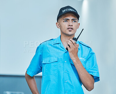 Buy stock photo Security guard, walkie talkie and man in office in surveillance, communication or conversation. Safety, protection and serious bodyguard on radio to chat on tech in police investigation or inspection