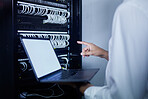 Laptop, pointing hand and server room person, technician or programmer problem solving cloud computing network. Cybersecurity, mockup screen and closeup worker troubleshooting cable system connection