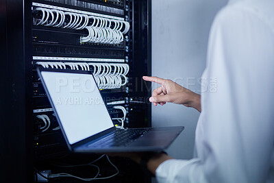 Buy stock photo Laptop, pointing hand and server room person, technician or programmer problem solving cloud computing network. Cybersecurity, mockup screen and closeup worker troubleshooting cable system connection