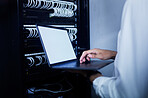 Laptop, person hands or server room technician work on data center, online database or problem solving cloud computing network. Cybersecurity, computer screen mockup or worker service software system