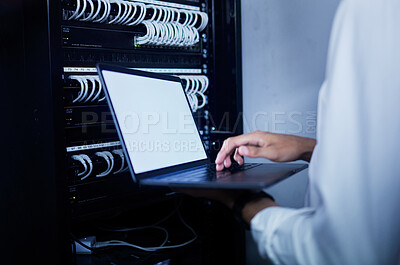 Buy stock photo Laptop, person hands or server room technician work on data center, online database or problem solving cloud computing network. Cybersecurity, computer screen mockup or worker service software system