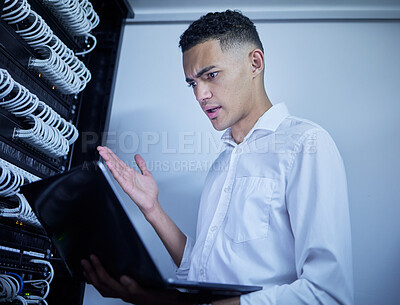 Buy stock photo Laptop problem, server room technician and man react to software glitch, system fail or online database error. Cybersecurity risk, programmer and male IT specialist stress over datacenter virus