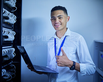 Buy stock photo Man, thumbs up and server room on computer in cybersecurity, IT cables and hardware or data safety solution. Electrician, engineering portrait and laptop with like or good job in software programming