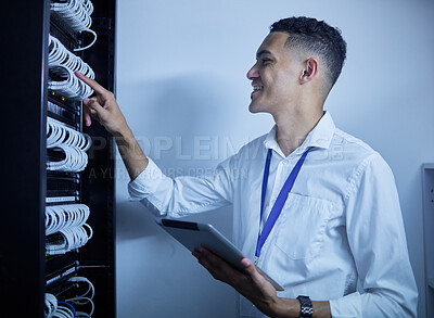 Buy stock photo Man, electrician and tablet in server room or data center inspection, system solution or cybersecurity management. Engineering person on digital technology by power cables, electricity or programming