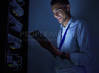 Buy stock photo Man, engineering and tablet in data center or server room inspection, system solution or cybersecurity at night. Happy electrician person on digital tech with power cables, electricity or programming