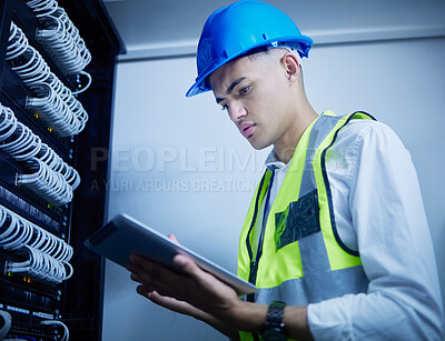 Buy stock photo Man, engineering and server room, tablet and data center management, power upgrade or cybersecurity check. Young, electrician person on digital tech for programming, electricity or cables maintenance