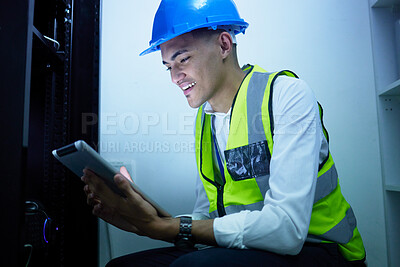 Buy stock photo Happy man, tablet or server room technician, engineer and smile for data center connectivity, database upgrade or network solution. Cybersecurity expert, happiness or IT person update software system