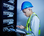 Man, engineering and tablet for data center maintenance, server room programming or inspection in IT cybersecurity. Electrician or person on typing on digital technology for coding or cables solution