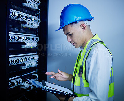 Buy stock photo Man, engineering and tablet for data center maintenance, server room programming or inspection in IT cybersecurity. Electrician or person on typing on digital technology for coding or cables solution