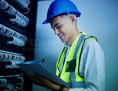 Buy stock photo Electrician, maintenance guide and control room, man with paperwork and power box with cable update and engineering. Documents, service and technician, energy supply and assessment with electricity