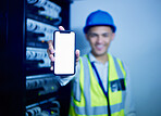 Phone, app and a man IT engineer in a server room for cyber security, maintenance or to install software. Mobile, display and information technology with a technician busy on a network database