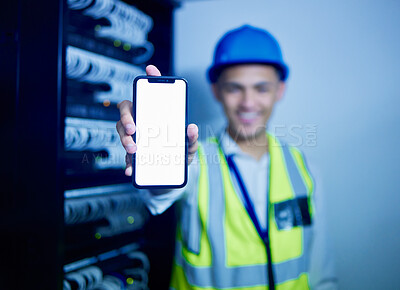 Buy stock photo Phone, app and a man IT engineer in a server room for cyber security, maintenance or to install software. Mobile, display and information technology with a technician busy on a network database