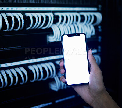Buy stock photo Phone screen, server room and hands of engineering person for data protection, cyber security and software mockup. Technician, mobile and ux design space for information technology and coding app