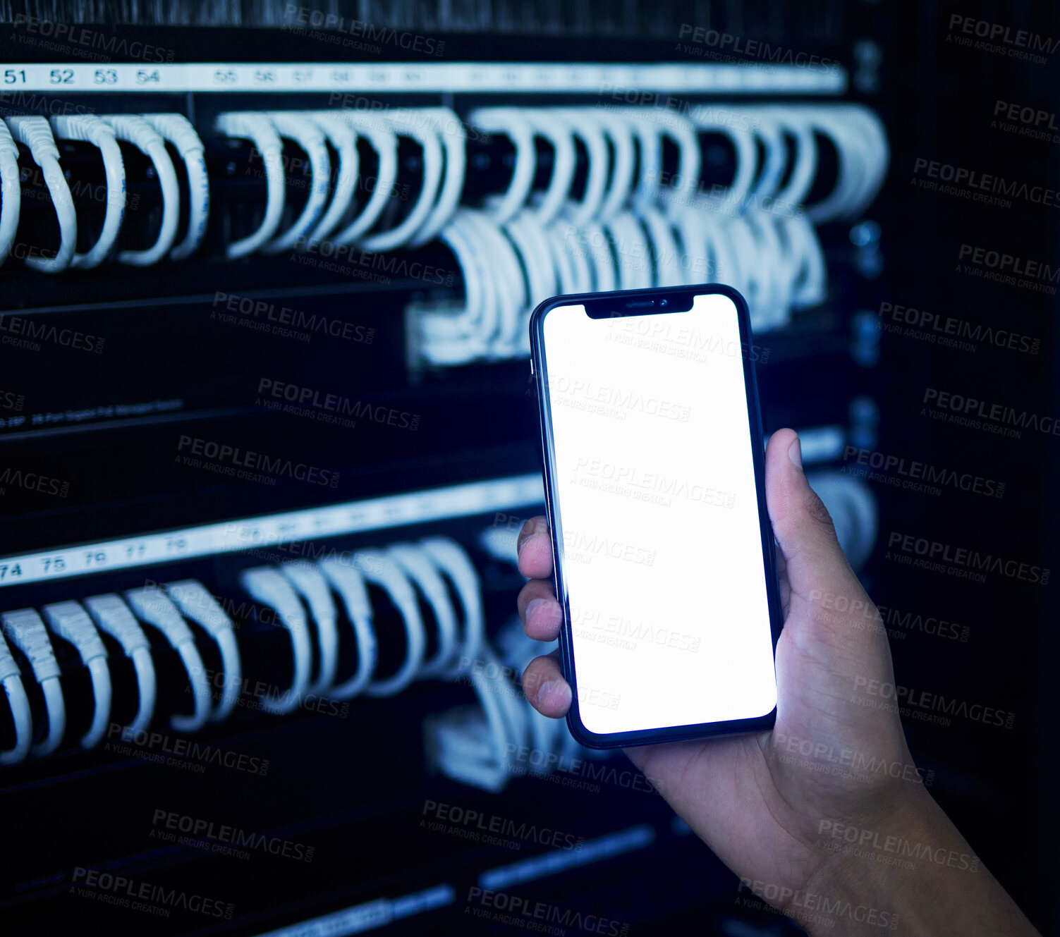 Buy stock photo Phone screen, server room and hands of engineering person for data protection, cyber security and software mockup. Technician, mobile and ux design space for information technology and coding app