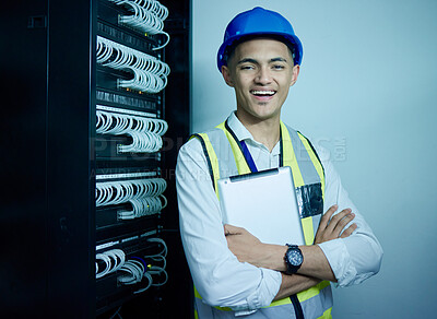Buy stock photo Engineering, portrait and man with tablet in server room for network maintenance, programming code or electrical cables. Happy IT technician with digital technology in data center for database backup