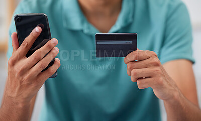 Buy stock photo Hands, credit card and smartphone, man is online shopping and fintech with payment and discount on store website. Male customer, e commerce and internet banking, mobile app and finance with account