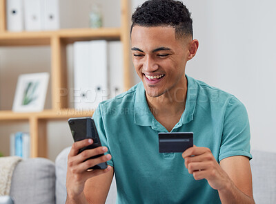 Buy stock photo Happy man, credit card and smartphone, online shopping and fintech with payment and discount on store website. Male customer at home, e commerce and internet banking with mobile app and finance