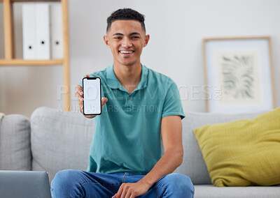 Buy stock photo Phone screen, mockup and smile with portrait of man for networking, social media and space. Internet, show and mobile app with person in living room of home for ui, communication and website offer